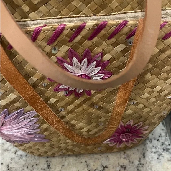 Floral Woven Tote Bag - Tan and Pink - Picture 8 of 11